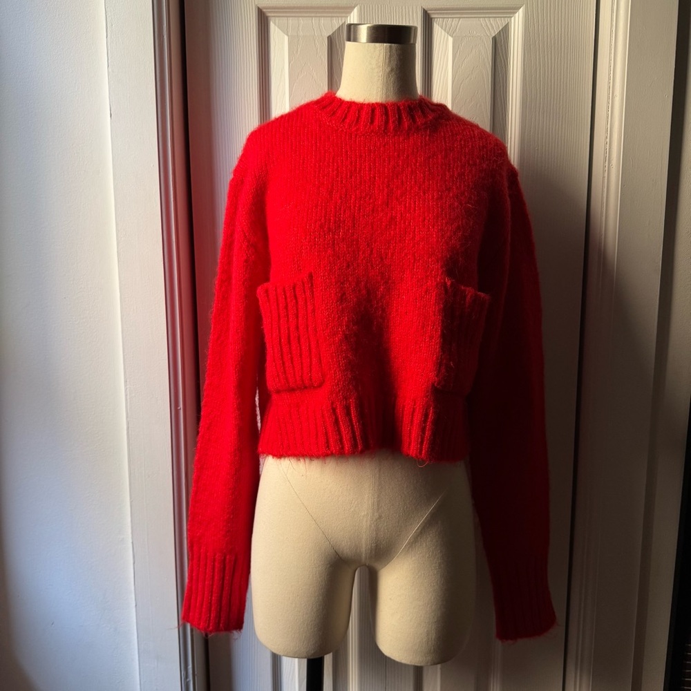 Zara Red Cropped Fuzzy Pocket Sweater